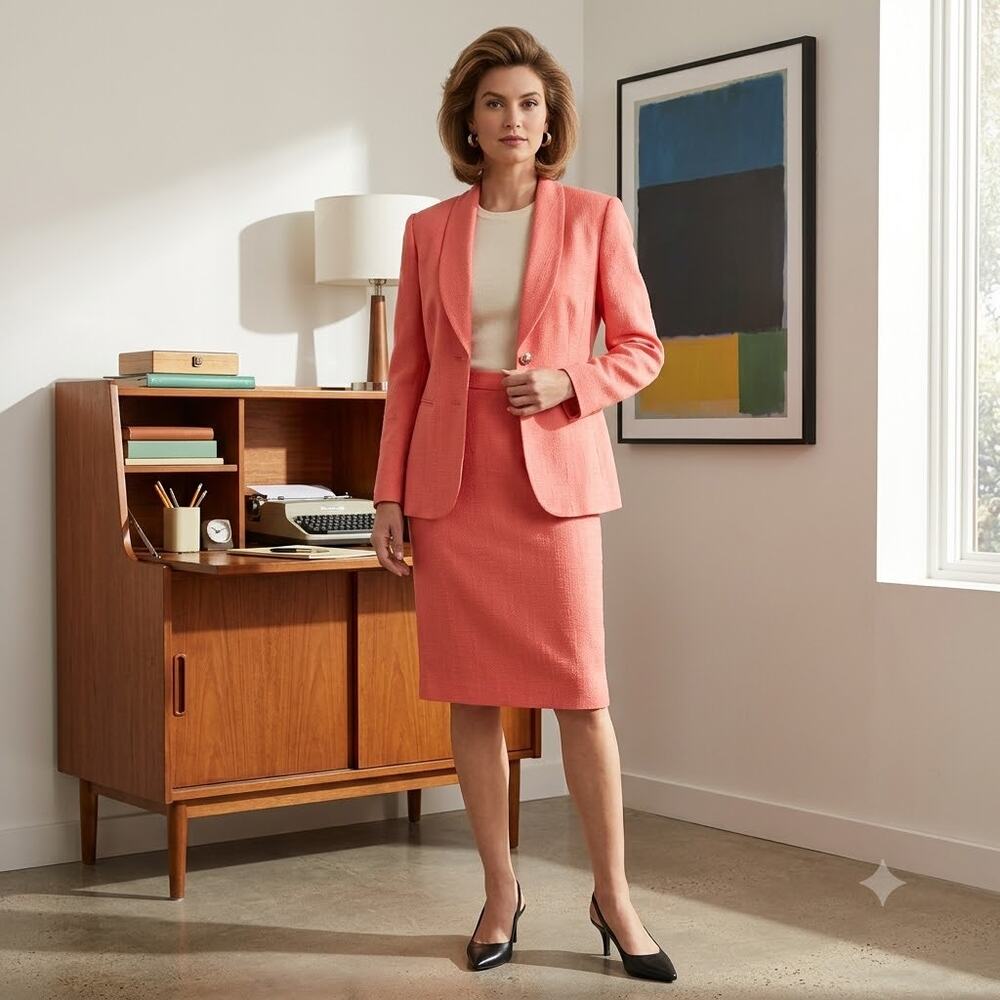 Kasper ASL Vintage Coral Pink Skirt Suit Set 6 Blazer Textured Retro 90s Chic